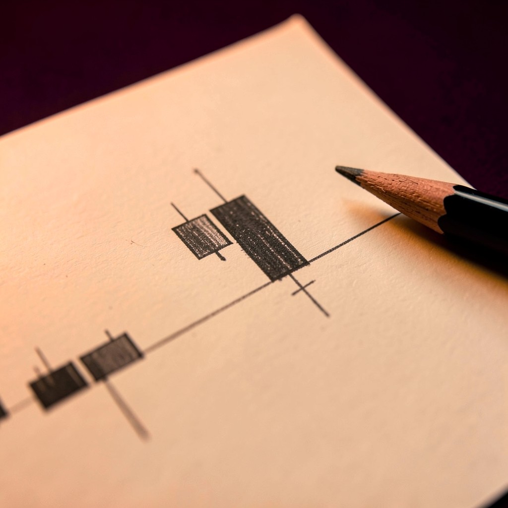 Close view of a candlestick chart where price pokes beyond a range and closes back inside, beside a pencil