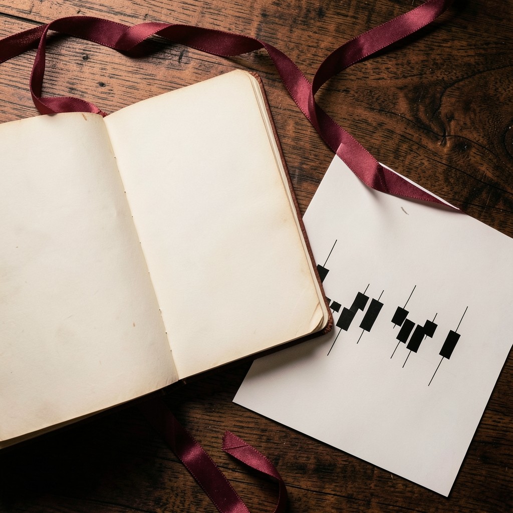 Handwritten session notes in an open journal next to an unmarked printed candlestick chart