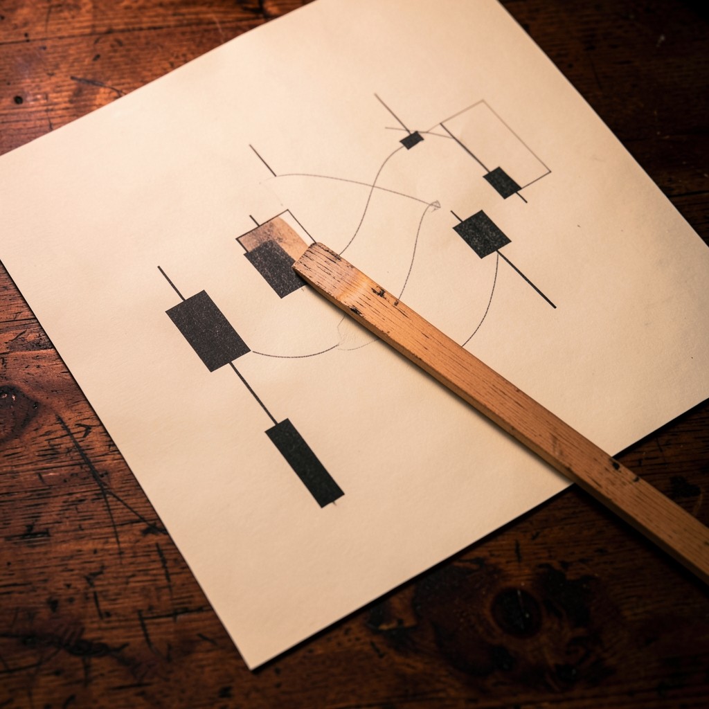 A printed candlestick chart with a few pencil swing marks and a straightedge on dark wood