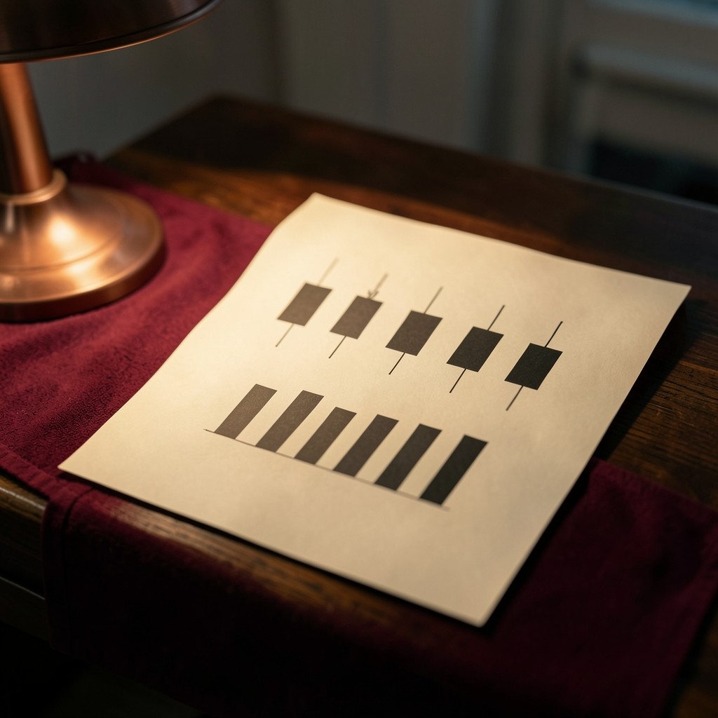 Printed price bars with volume bars underneath on ivory paper, lit by a warm copper lamp