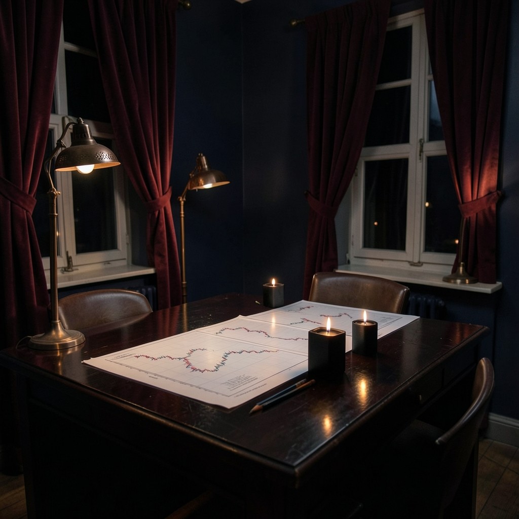 Wide view of the Gongju chart desk with printed candlestick sheets, pencils, and burgundy curtains