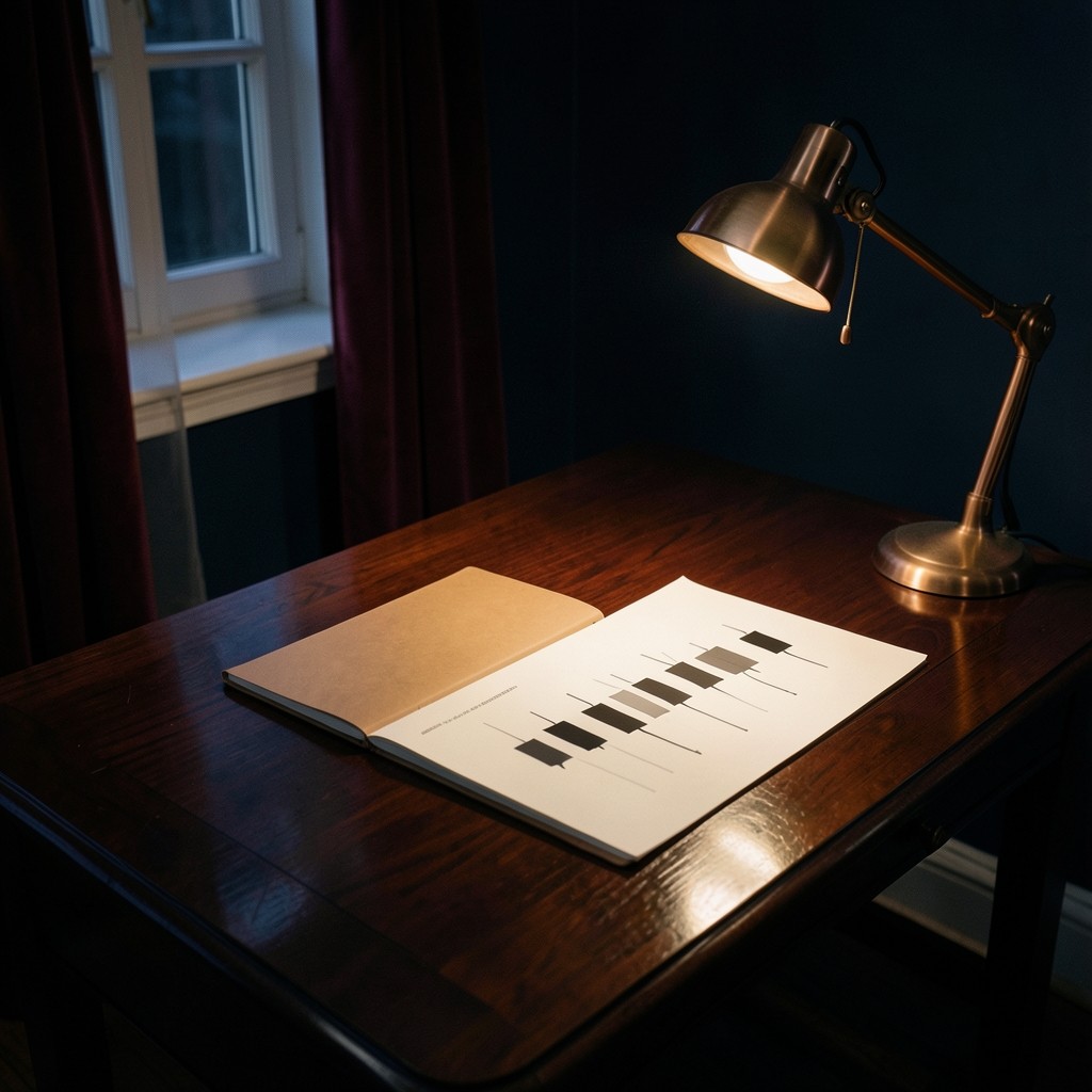 Dark wood teaching desk in Gongju with an open trading journal, printed candlestick charts, and a copper lamp