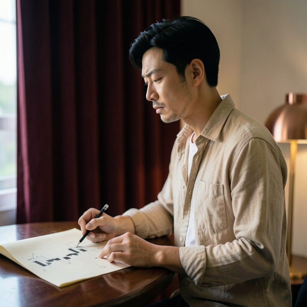 Park Minjae, a Korean man in his thirties, standing at a chart table with a pencil and printed sheets