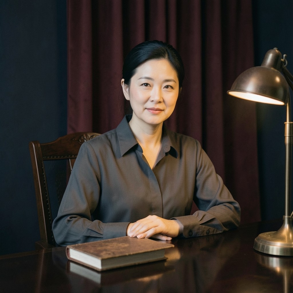Han Seoyeon, a Korean woman in her early forties, seated at a dark wood desk with a journal