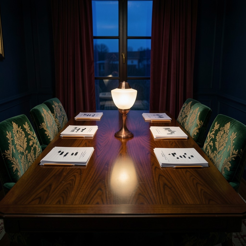 Six chairs around a dark wood table with printed charts and pencils prepared for an evening markup circle