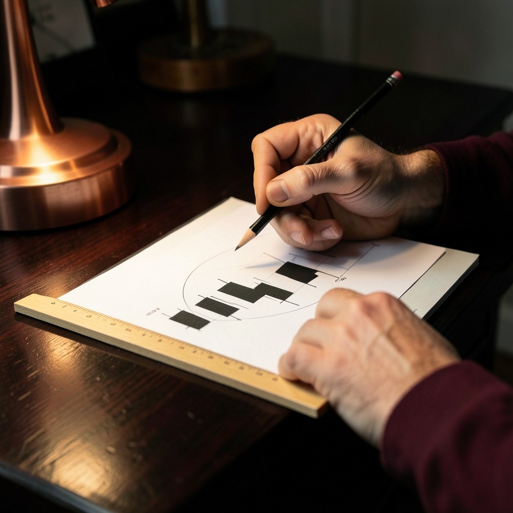 Hands marking pencil swing lines on a printed candlestick chart at a dark wood annotation desk