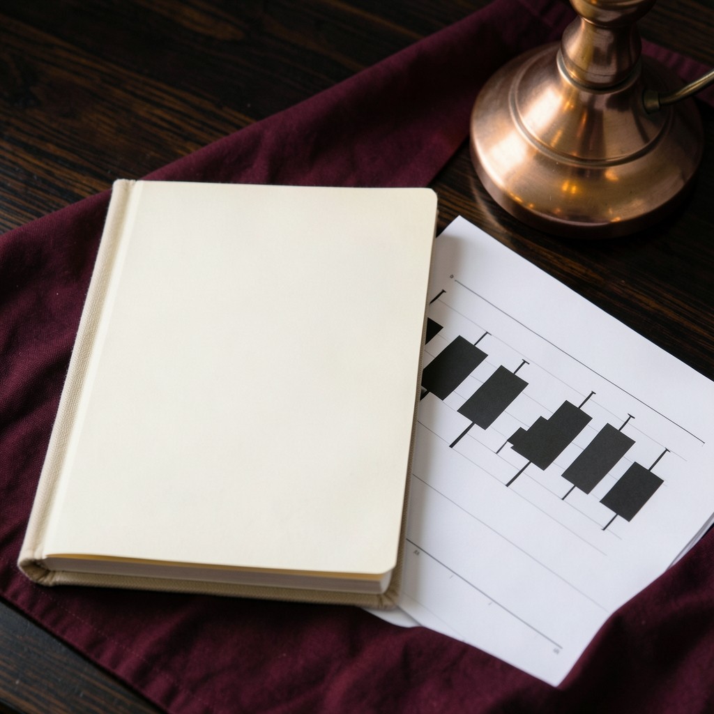 Open clothbound trading journal beside printed candlestick charts on a dark wood desk under a copper lamp